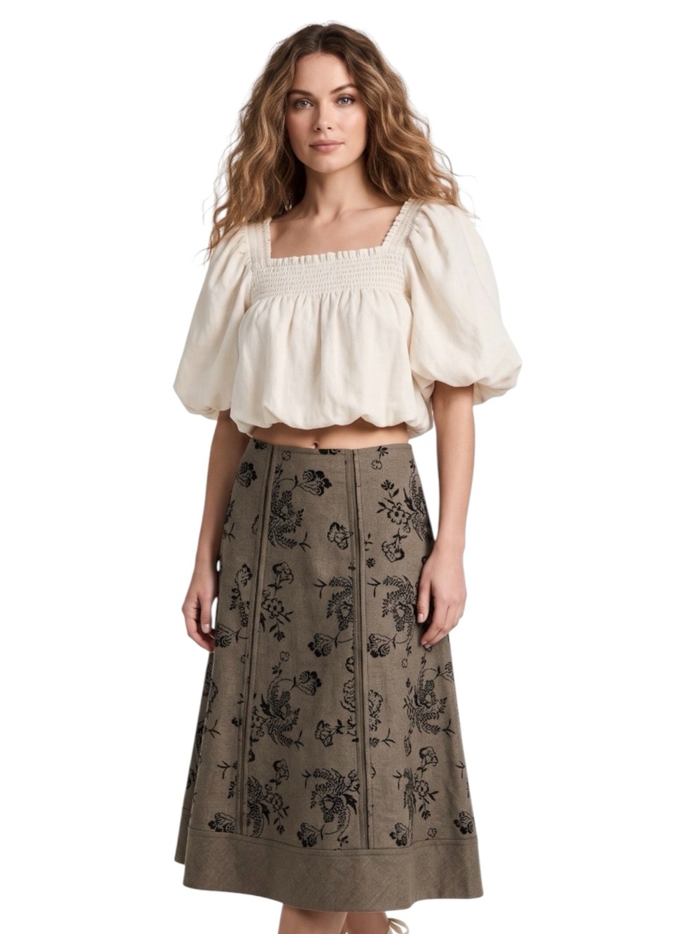 TOAT Olive Brown Flocked Floral Raw Hem Whimsigoth Witchy Midi Skirt 12